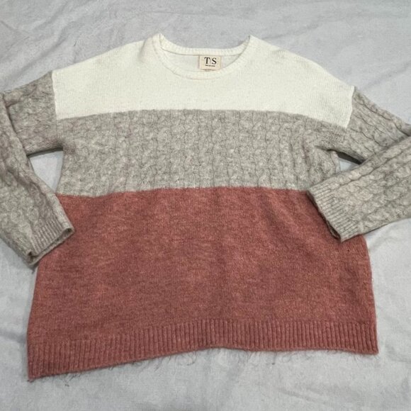 Twine & String Colorblock Cable Knit Cozy Pullover Sweater Cream Gray Pink XL - Picture 9 of 11